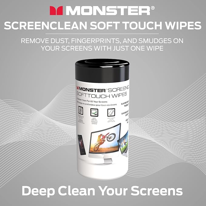 Monster Screen Cleaner Kit, 60 mL, Microfiber Cloth, White/Black/Red, Water Resistant, for TVs, Laptops, Tablets, Smartphones, Car Touch Screens, Eyeglasses