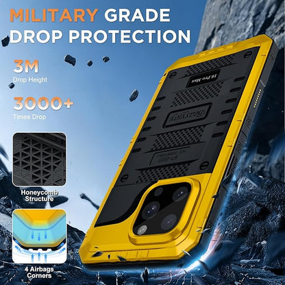 Beasyjoy for iPhone 16 Pro Max Case Waterproof, Metal Heavy Duty Full Body Protective Case with Built-in Screen Protector, Military Grade Shockproof Defender Cover for iPhone 16 Pro Max 6.9", Yellow