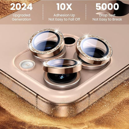 Uyiton for Bling iPhone 16 Pro Max / 16 Pro / 14 Pro Max / 14 Pro Camera Lens Protector - Not Easy to Break Strong Adsorption Individual Metal Tempered Glass Rear Camera Screen Cover - Glitter Titanium Desert