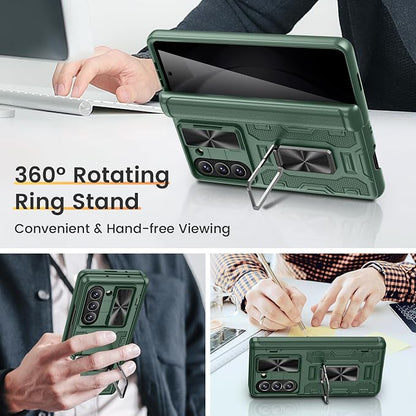 VEGO for Samsung Galaxy Z Fold 5 Case with Hinge Protection,Green | Full-Body Case Built-in Privacy Screen Protector, Slide Lens Cover, Ring Stand Shockproof Phone Case for Galaxy Fold 5