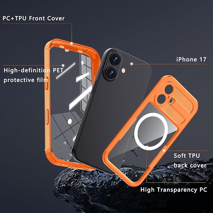 GOLDJU Magnetic for iPhone 17 Case-Waterproof, Built-in Screen & Camera Protector-IP68 Underwater Full Body 16FT Military Dropproof Shockproof Case for 17 6.3''- Orange