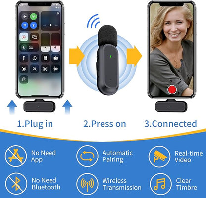 2 Pack Professional Wireless Lavalier Microphone for iPhone iPad Android with Charging Case Noise Reduction Plug-Play Clip on Lapel Mic for Video Recording Vlogging, YouTube, Interview, Live Streaming