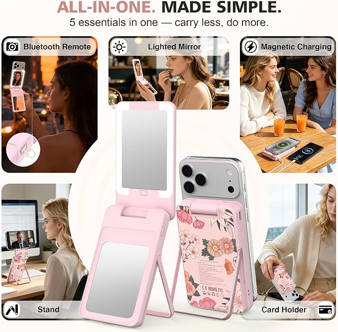 Magnetic Wireless Power Bank 5-in-1, 5000mAh Portable Charger with LED Mirror, Phone Stand, Card Holder & Bluetooth Remote, 20W Fast Charging for iPhone & Android, Travel Essential for Women