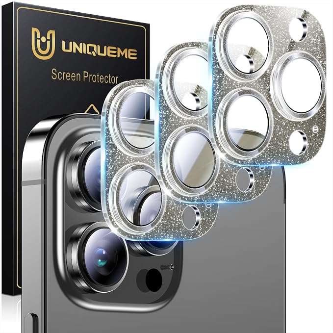 UniqueMe 3 Packs Compatible for iPhone 13 Pro Max/iPhone 13 Pro Camera Lens Protector Acrylic [Not Glass],[Case Friendly][Scratch-Resistant][Night Shooting Mode]-Glitter Black