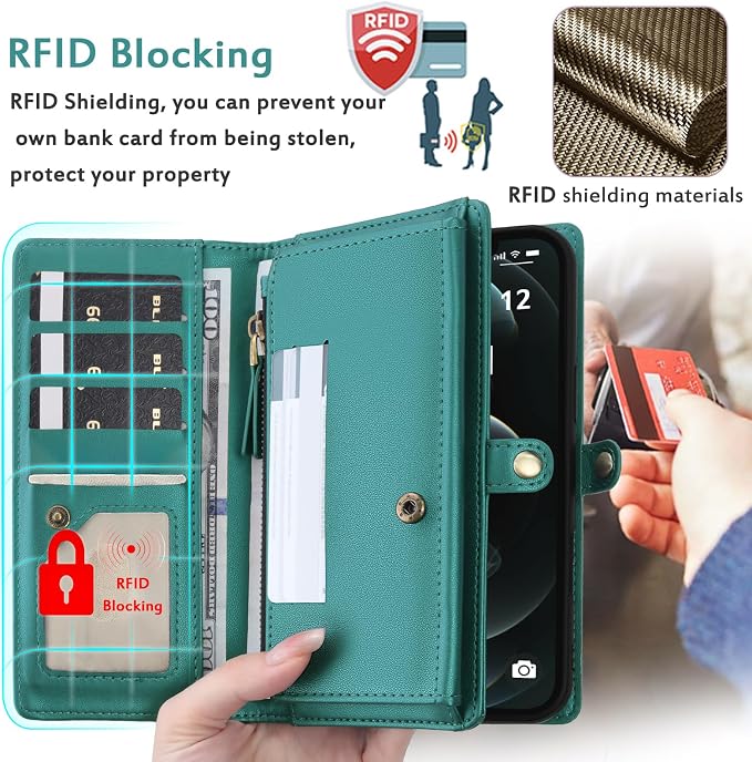 for Wallet Case Compatible with iPhone 12 Pro Max,Multi-Function Detachable 2 in 1 Magnetic iPhone 12 Pro Max Case Wallet,Flip Strap Zipper Card Holder Phone Case with Shoulder Straps (Green)