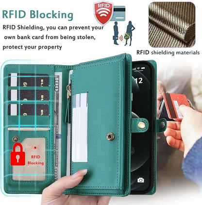 for Wallet Case Compatible with iPhone 12 Pro Max,Multi-Function Detachable 2 in 1 Magnetic iPhone 12 Pro Max Case Wallet,Flip Strap Zipper Card Holder Phone Case with Shoulder Straps (Green)