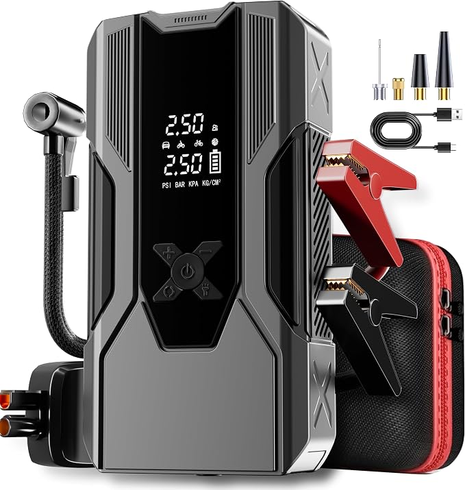 Emergency Portable Jump Starter with Air Compressor - 3000A 150PSI for Cars, Trucks & SUVs up to 9L Gas/7L Diesel, 12000mAh Portable Power Bank, -20°F Cold Start (Grey)