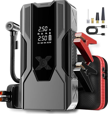 Emergency Portable Jump Starter with Air Compressor - 3000A 150PSI for Cars, Trucks & SUVs up to 9L Gas/7L Diesel, 12000mAh Portable Power Bank, -20°F Cold Start (Grey)