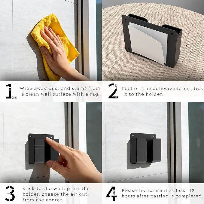 Wall Mounted Phone Holder with Adhesive, No-Drill Phone Stand for Charging, Built-in Cable Slot, Phone Holder for Bathroom, Bedroom, Kitchen, RV, Compatible with iPhone & Android, Black