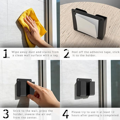Wall Mounted Phone Holder with Adhesive, No-Drill Phone Stand for Charging, Built-in Cable Slot, Phone Holder for Bathroom, Bedroom, Kitchen, RV, Compatible with iPhone & Android, Black