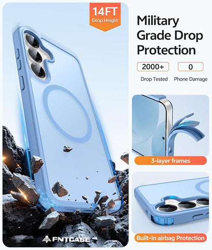 FNTCASE for Samsung Galaxy S25/S24 Case, Fit for Magsafe, Screen Protector | Translucent Matte Magnetic Back, 14FT Military Grade Drop Protection, Shockproof Protective Phone Cover, Light Blue