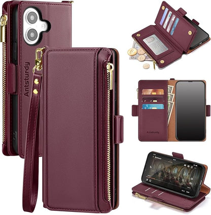 Antsturdy Compatible with iPhone 16 Plus Wallet Case,RFID Blocking PU Leather Phone Case Women Men Kickstand flip Cover Wrist Strap Zipper Credit Card Holder Slots for Apple 16 Plus 6.7",Wine Red
