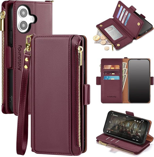 Antsturdy Compatible with iPhone 16 Plus Wallet Case,RFID Blocking PU Leather Phone Case Women Men Kickstand flip Cover Wrist Strap Zipper Credit Card Holder Slots for Apple 16 Plus 6.7",Wine Red