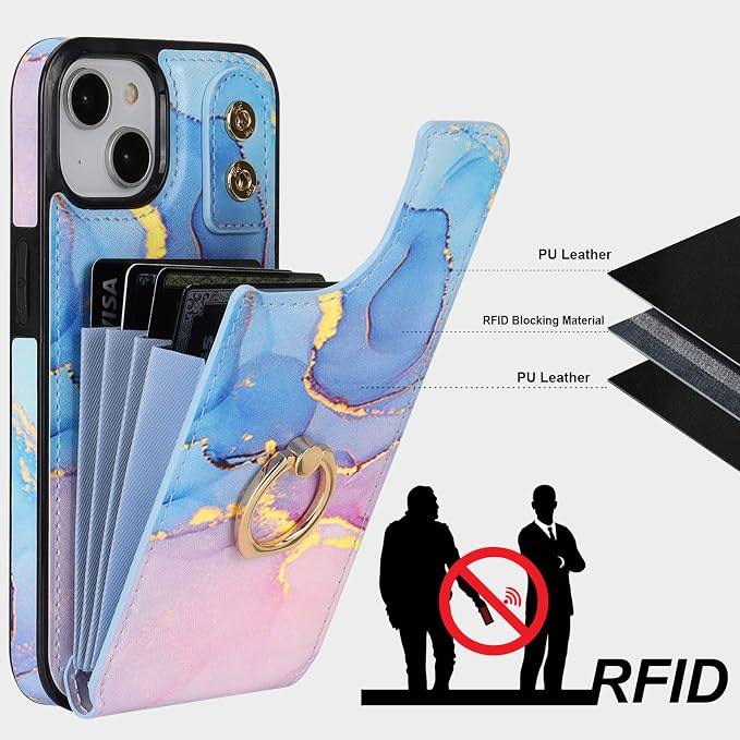 HAOPINSH for iPhone 13/ iPhone 14 Wallet Case with Card Holder, 360°Rotation Ring Kickstand, Pink Blue Marble Pattern, RFID Blocking Leather for Girls Women, Double Buttons Protective Cover 6.1"