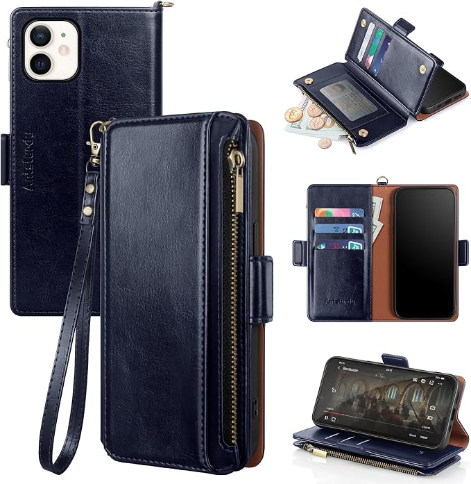 Antsturdy Compatible with iPhone 12 mini Wallet Case,RFID Blocking PU Leather Phone Case Women Men Kickstand Flip Cover Wrist Strap Zipper Credit Card Holder Slots,for Apple 12 mini,Dark Blue