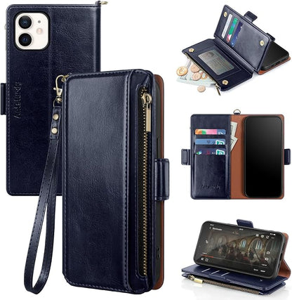 Antsturdy Compatible with iPhone 12 mini Wallet Case,RFID Blocking PU Leather Phone Case Women Men Kickstand Flip Cover Wrist Strap Zipper Credit Card Holder Slots,for Apple 12 mini,Dark Blue