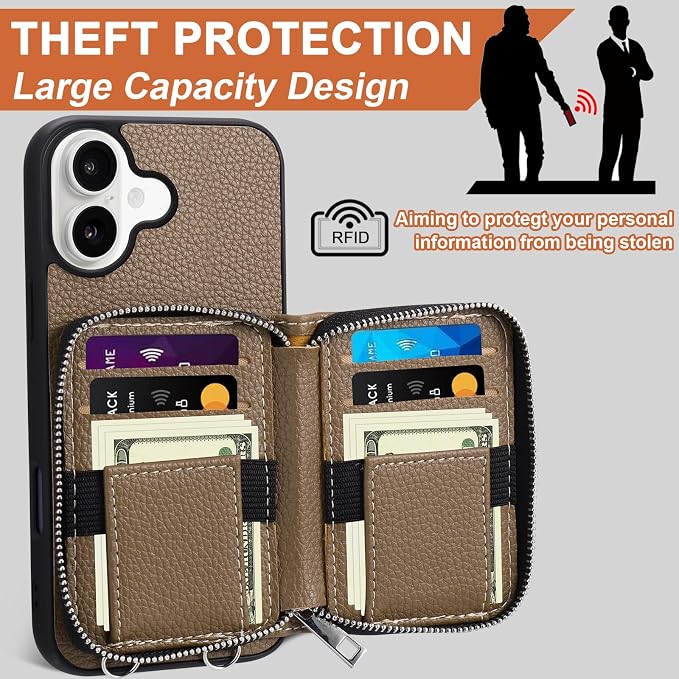 XANGNIER Wallet Case for iPhone 17 with Strap, RFID Blocking PU Leather Crossbody Phone Purse with Card Holder, Zipper Pocket, Wrist Strap & Adjustable Lanyard for Women 6.3" 5G,Brown