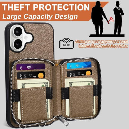 XANGNIER Wallet Case for iPhone 17 with Strap, RFID Blocking PU Leather Crossbody Phone Purse with Card Holder, Zipper Pocket, Wrist Strap & Adjustable Lanyard for Women 6.3" 5G,Brown