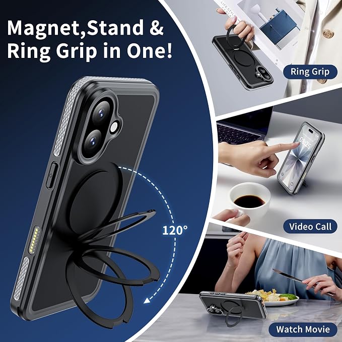 ANTSHARE Magnetic for iPhone 17 Case Waterproof, Built in Screen Protector [Compatible with MagSafe] [Invisible Stand] [IP68 Underwater], Full Body Protection Phone Case 6.3'', Black