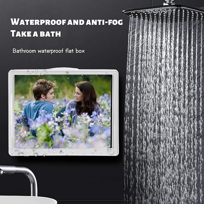 Shower Tablet Holder Waterproof Compatible with Ipad, Wall Mounted Bathroom Tablet Case Rotation, Adhesive Touchable Cradle with Glass Mirror Anti-Fog Screen for Kitchen 11 inches White
