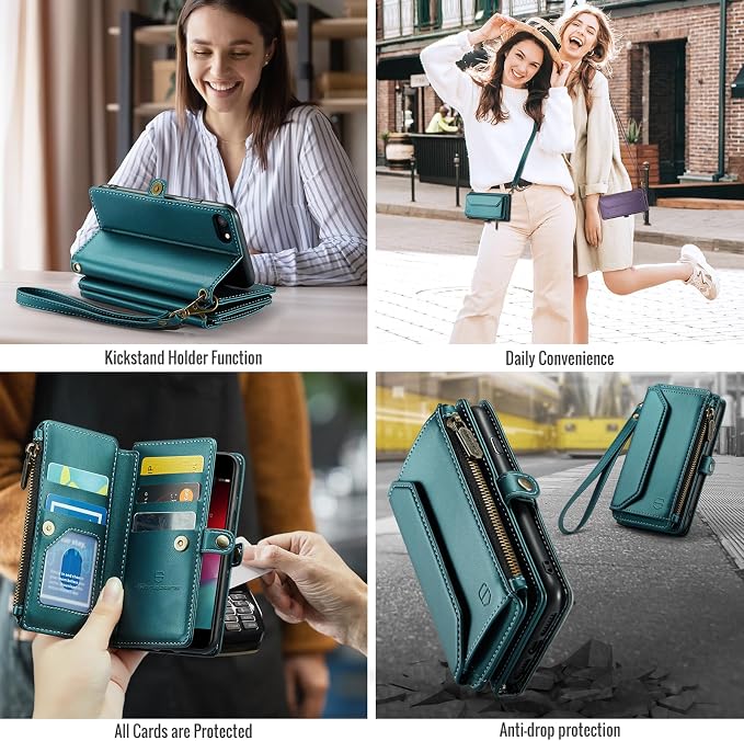 Strapurs Crossbody Wallet Case Compatible with iPhone SE/7/8 RFID Blocking 7-Card Holder Soft PU Leather Magnetic Snap Shoulder Strap Zipper Pocket Phone Cases Fit for iPhone SE 2020 2022 - Blue Green