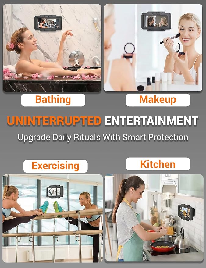 Shower Phone Holder Waterproof 360° Adjustable Rotating, Anti-Fog Touch Screen Wall Mount Phone Stand for Bathroom Mirror Bathtub Kitchen, Fits iPhone 17 16 15 Pro Max for 4-7" Cellphones Black