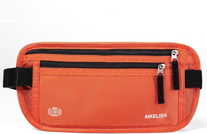 RFID Blocking Money Belt - Passport Holder & Travel Wallet, Slim Hidden Fanny Packs for Women Men - Orange
