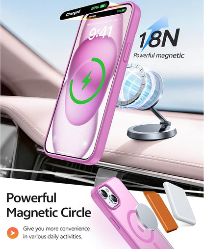 FNTCASE for iPhone 15/14/13 Case, Fit for Magsafe, Glass Screen Protector | Translucent Matte, Magnetic Phone Cases, 14FT Military Grade Drop Protection, Slim Shockproof Protective Cover, Pink