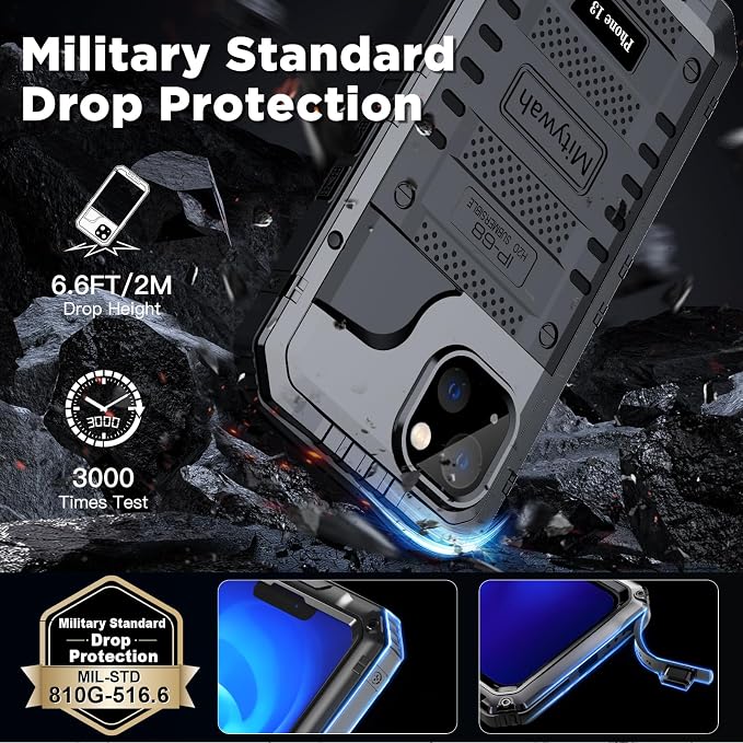 Mitywah Waterproof Case for iPhone 13, Heavy Duty Military Grade Drop Protection Phone Case with Built-in Screen Protector, 360° Full Body Protection Metal Armor Dropproof Case 6.1 inch, Black