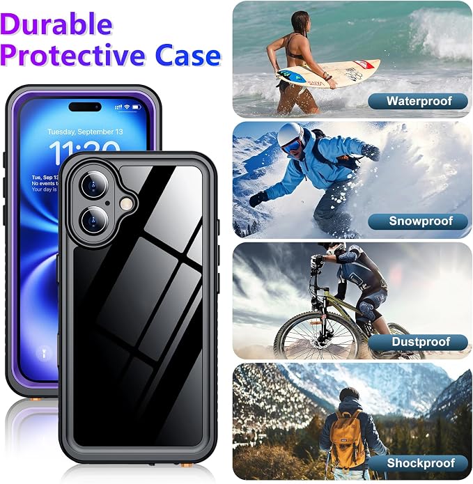 Temdan Compatible with iPhone 16 Case Waterproof, Built-in Screen & Camera Protector IP68 Underwater Full Body 16FT Military Dropproof Shockproof Phone Case 6.1"-Purple/Clear