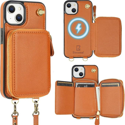 Bocasal for MagSafe Crossbody Wallet Case Compatible with iPhone 14 iPhone 13, RFID Blocking Protective Purse Case with Card Slots Holder Kickstand Wrist Strap Lanyard Zipper 6.1 Inch 5G (Brown)