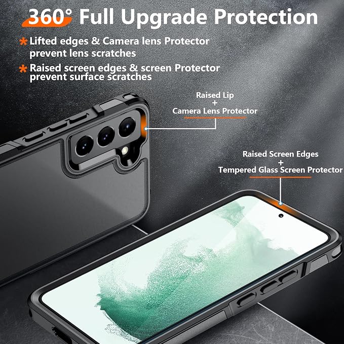 Temdan Heavy Shockproof for Samsung Galaxy S22 Case, with 2 Pack [Tempered Glass Screen Protector + Camera Lens Protector] [12 FT Military Grade Drop-Proof] Rugged Full-Body Protection,Black