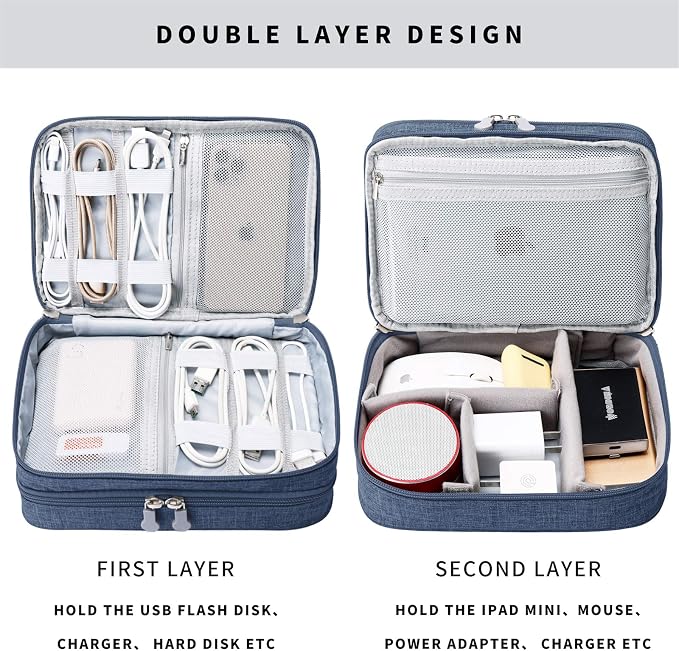 mygreen Electronic Accessories Organizer Bag, Waterproof Double Layer Travel Storage Case with Adjustable Padded Dividers, Portable Hard Pouch for Cables, Charger, Power Bank, Phone, Hard Drive Blue