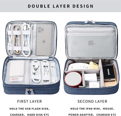 mygreen Electronic Accessories Organizer Bag, Waterproof Double Layer Travel Storage Case with Adjustable Padded Dividers, Portable Hard Pouch for Cables, Charger, Power Bank, Phone, Hard Drive Blue