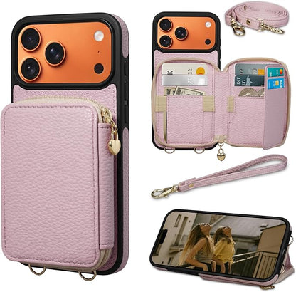 Keallce Case for iPhone 17 Pro Max 6.9'' Case Wallet, Crossbody Zipper Purse with RFID Blocking Card Slots Kickstand, Lanyard & Handstrap Flip Folio Leather Phone Cover for iPhone 17 Pro Max, Pink