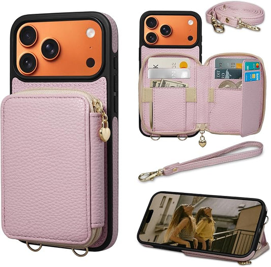 Keallce Case for iPhone 17 Pro Max 6.9'' Case Wallet, Crossbody Zipper Purse with RFID Blocking Card Slots Kickstand, Lanyard & Handstrap Flip Folio Leather Phone Cover for iPhone 17 Pro Max, Pink