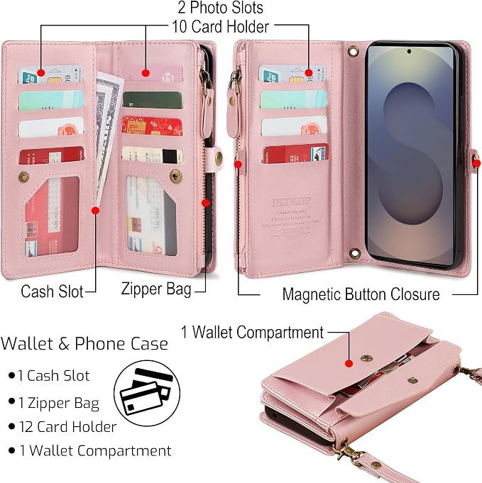 for Samsung Galaxy S25 Ultra Wallet Case for Women Men, Wireless Charging with RFID Blocking Card Holder, PU Leather Crossbody Strap Detachable Magnetic Phone Shell Purse, Pink