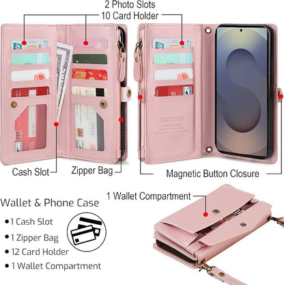for Samsung Galaxy S25 Ultra Wallet Case for Women Men, Wireless Charging with RFID Blocking Card Holder, PU Leather Crossbody Strap Detachable Magnetic Phone Shell Purse, Pink
