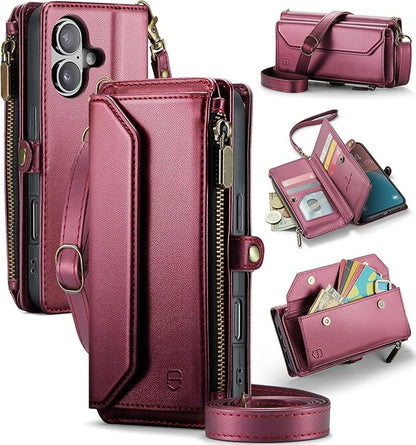 Strapurs Wallet Case Compatible with iPhone 16 6.1" RFID Blocking 7-Card Holder Soft PU Leather Magnetic Snap Shoulder Strap Zipper Pocket Phone Case Fit for iPhone 16 for Women - WineRed