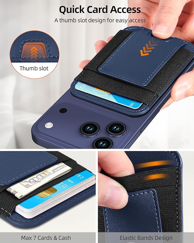 Upgraded for Magsafe Wallet, Strongest Magnetic Wallet, for iPhone Walle t Magsafe with 2 Card Slots, Magnetic Card Holder for iPhone 17/16/15/14/13/12 Series, Vegan Leather, Fit 7 Cards, Navy Blue