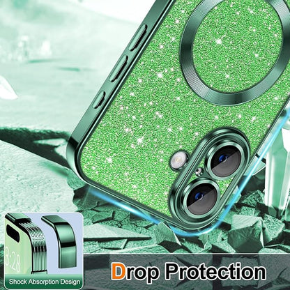 Hython for iPhone 17 Case Glitter Clear Magnetic Phone Cases [Compatible with MagSafe] Full Camera Lens Protector Sparkle Luxury Plating Slim Shockproof Protective Cover Women, Green