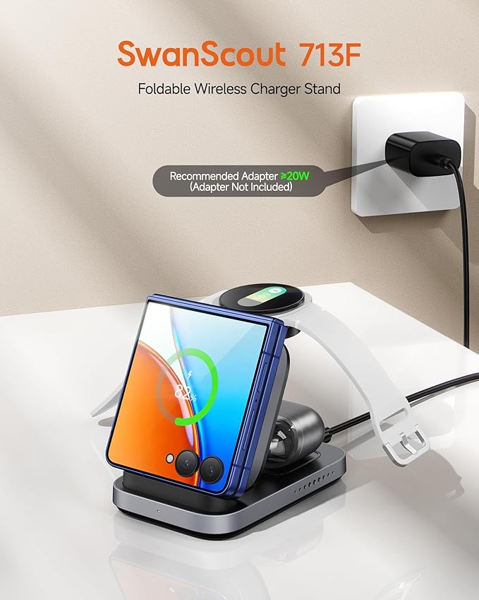 SwanScout Wireless Charger for Samsung Z Flip 7/7 FE/6/5/4/3, 3-in-1 Charging Station for Galaxy Watch 8 Classic/8/Ultra/7/FE/6/5/4, for Motorola Razr 60/50/40, SwanScout 713F (NO Adapter)