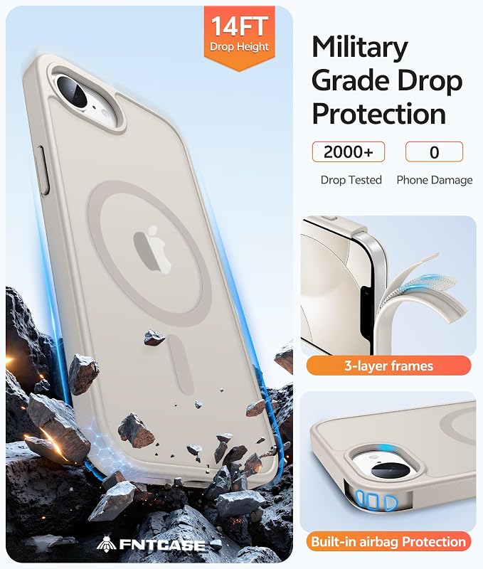 FNTCASE for iPhone 17e/ iPhone 16e Case, Fit for Magsafe, Screen Protector | Translucent Matte Magnetic Back, 14FT Military Grade Drop Protection, Shockproof Protective Phone Cover, Off White
