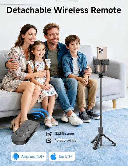 Mini Selfie Stick Travel Tripod for Cell Phone with Light, Extendable Selfie Stick for iPhone with Detachable Remote, iPhone Tripod for Video Recording, Photograph, Compatible with Cellphones