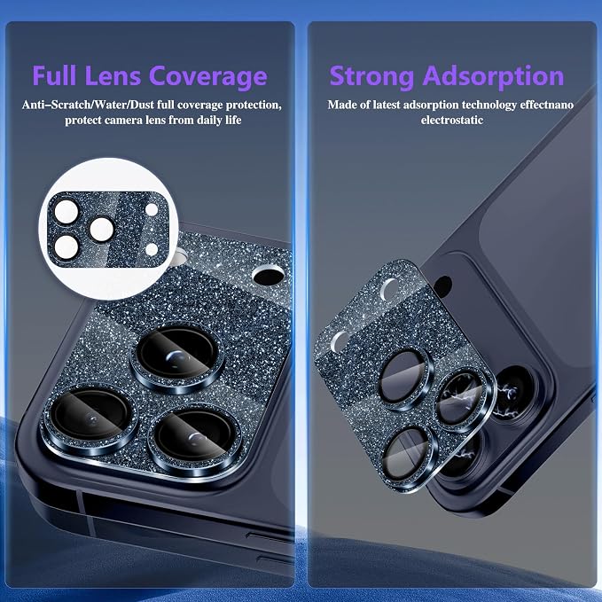 Camera Lens Protector for iPhone 17 Pro, Bling Glitter Camera Cover with 9H Tempered Glass Metal Ring, Anti-Scratch Lens Protector for iPhone 17 Pro (Glitter - Blue)