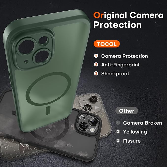 TOCOL for Phone 14 Case, Compatible with Magsafe Charger, Full Camera Protection, Drop Protection, Translucent Matte Phone Case for iPhone 14 6.1 inch (Alpine Green)