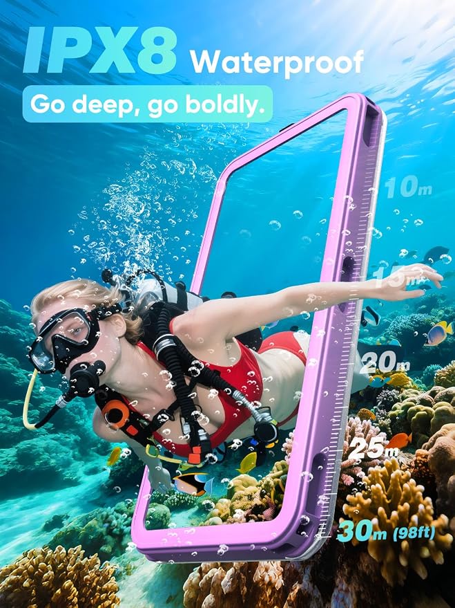 APRUT Waterproof Phone Pouch Case 7.5", 2025 Upgraded IPX8 Waterproof Phone Case for Snorkeling, Universal Fit for iPhone 16 Pro Max 15 14 13, Galaxy S25, Beach Vacation Essentials (Purple)