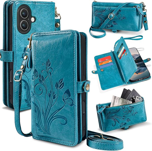 Lacass for iPhone 17 Case Wallet,[Cards Theft Scan Protection] Card Holder Zipper Leather Flip Cover Crossbody Wrist Strap with Stand (Floral Blue Green)