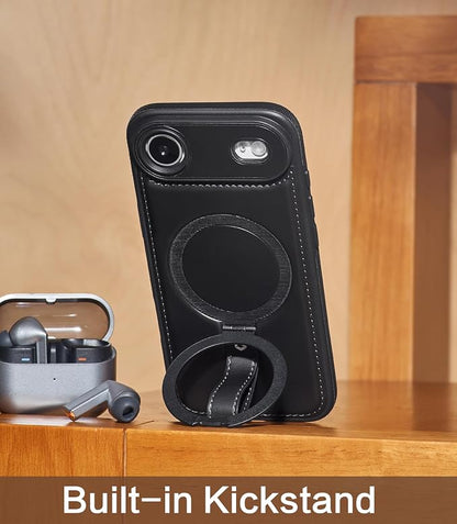 for iPhone Air Leather Case with Stand, Anti-Slip Grip Ring, Fits for MagSafe (Black, iPhone Air)