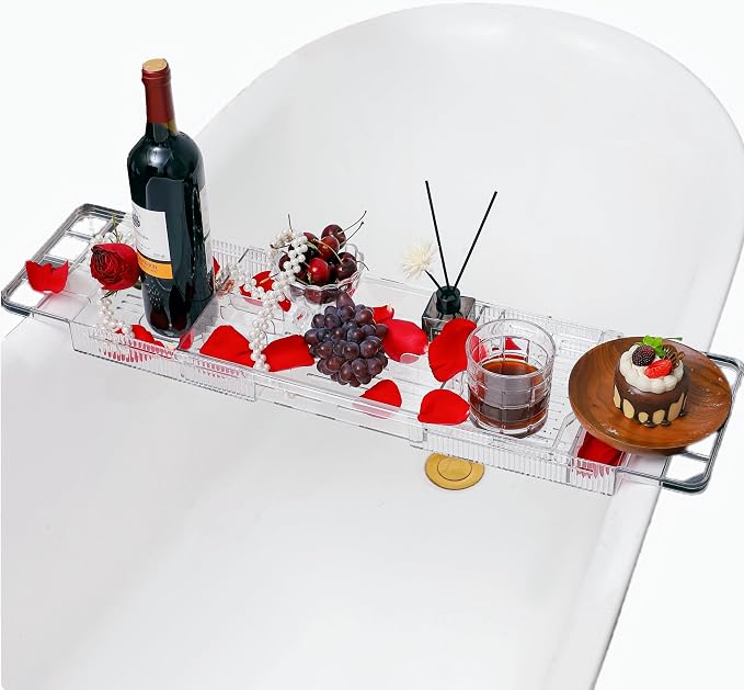 IEEK Expandable Bath Tray with Wine and Book Holder - Clear Acrylic Bathtub Caddy Shelf - Plastic Board Gift for Women